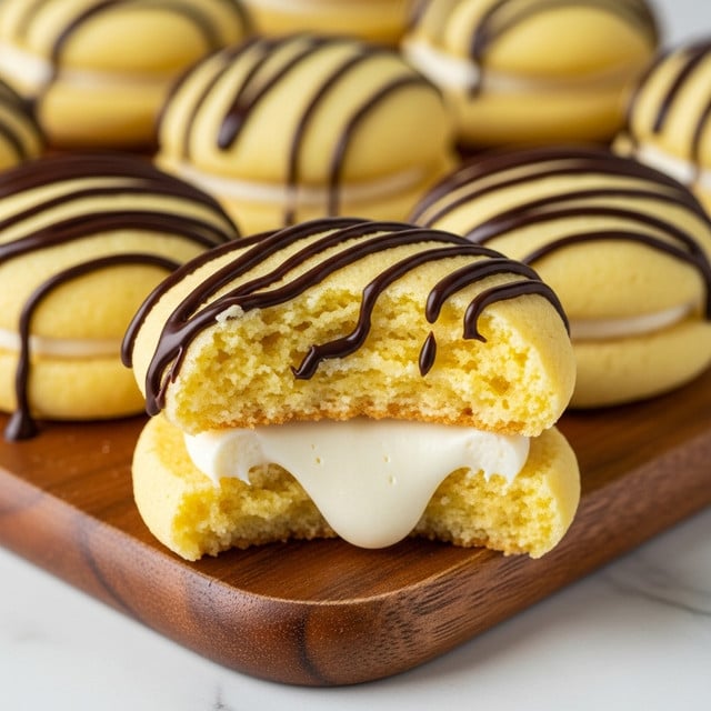 The image shows a close-up of a soft yellow cookie with a creamy white filling in the middle. The cookie is round and thick, broken in half to reveal the smooth, gooey filling inside. On top of the cookie, there are several dark chocolate lines drizzled evenly across, adding sheen and contrast to the pale yellow surface. The cookie rests on a wooden board with other whole cookies blurred in the background, all topped with the same dark chocolate drizzle. The texture of the cookie looks crumbly yet soft, and the chocolate drizzle is glossy and smooth. The surface underneath the board is a white marbled texture. photo taken with an iphone --ar 4:5 --v 7