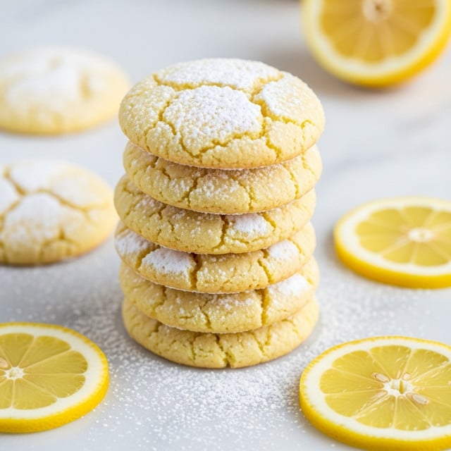A stack of six round lemon cookies with pale yellow color and a slightly rough texture, each cookie dusted lightly with powdered sugar, sits in the center on a white marbled surface. The cookies have soft edges with small cracks visible, and powdered sugar is scattered around the stack on the surface. Around the stack are thin lemon slices with bright yellow rind and translucent yellow pulp, some also sprinkled with powdered sugar. The background is softly blurred with a hint of a lemon, adding a fresh, citrus vibe to the image. photo taken with an iphone --ar 4:5 --v 7