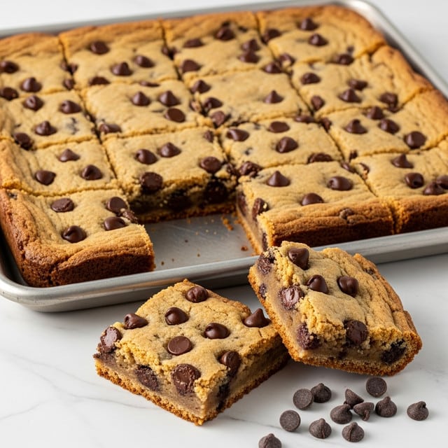 The image shows a rectangular tray filled with a large chocolate chip cookie cut into square pieces. The cookie is golden brown with a slightly crispy edge and soft center, generously dotted with dark chocolate chips on the top layer that melt slightly, giving a glossy look. Two square pieces have been taken out and placed near the tray, showing the thickness of one layer with a textured, crumbly surface inside. The background is a white marbled surface with some loose chocolate chips scattered around the tray. photo taken with an iphone --ar 4:5 --v 7