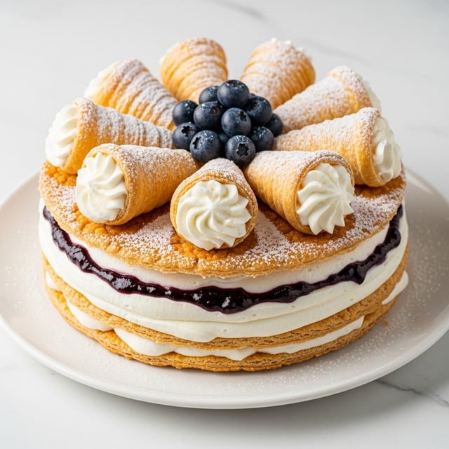 A round layered dessert sits on a white plate, featuring a base of thin, flaky golden-brown pastry. The next layer is thick, white cream with a dark purple jam line spread evenly in the middle. Another layer of the thin, crispy golden-brown pastry rests on top of the cream. On this upper pastry layer, there are eight golden-brown pastry cones filled with white whipped cream and arranged in a circle, each dusted with powdered sugar. In the center of the cone circle, there is a small pile of fresh blueberries, adding a dark blue contrast to the light tones of the cream and pastry. The entire dessert is set against a white marbled surface. photo taken with an iphone --ar 4:5 --v 7