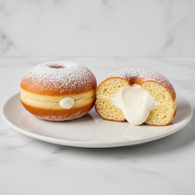 The image shows two round donuts placed on a white plate with a smooth surface on a white marbled texture background. The donut on the left is whole, golden brown in color, lightly dusted with white powdered sugar on top. The donut on the right is cut in half, revealing a thick layer of white cream filling inside, which looks soft and fluffy. Both donuts have a smooth texture with a hole in the center, and the cream slightly oozes out from the cut side of the right donut. Photo taken with an iphone --ar 4:5 --v 7