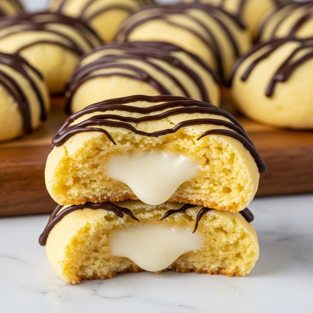 A close-up view of short, round cookies with light golden color and crumbly texture, each topped with smooth dark chocolate drizzles in thin lines across the top. One cookie in the front shows a bite taken out, revealing a firm, creamy white filling inside, and a thin darker crust layer at the bottom. The cookies are arranged in rows on a dark wooden surface with a slightly worn look, giving a cozy, rustic feeling. photo taken with an iphone --ar 4:5 --v 7