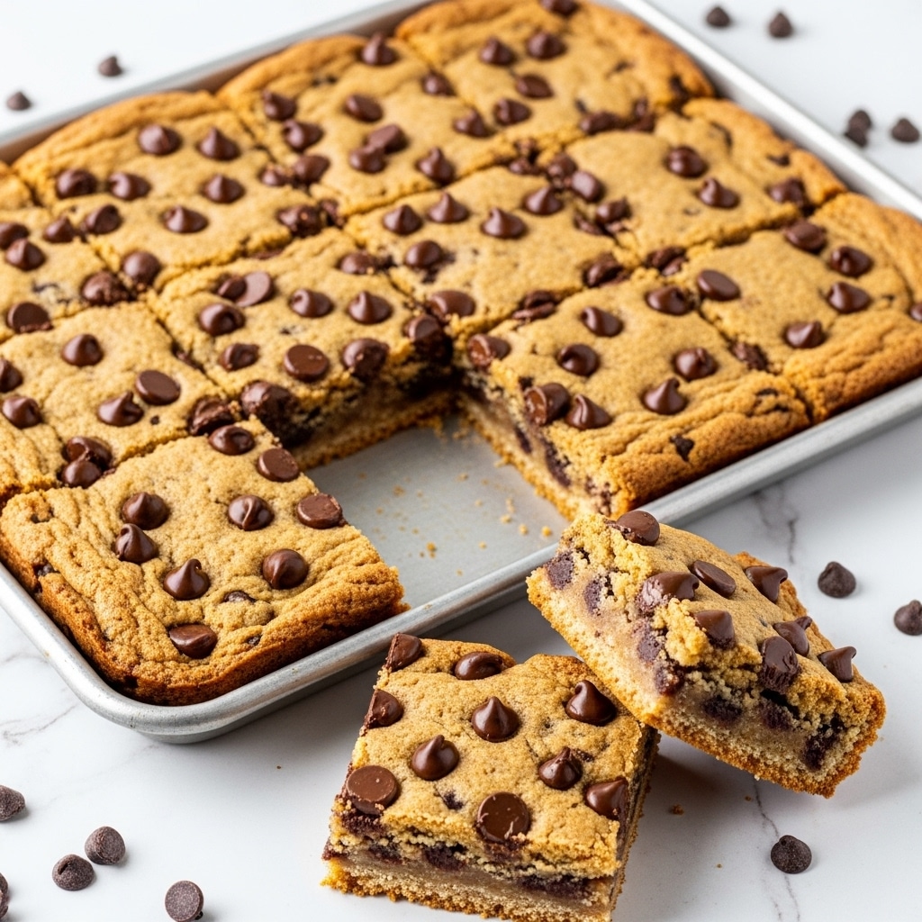 The image shows a large rectangular baked chocolate chip cookie cut into square pieces on a silver baking tray. The cookie is golden brown with many scattered dark chocolate chips baked on top, and the edges are slightly darker and crispier. Two squares have been removed from the tray and placed on a white marbled surface next to some loose chocolate chips. The cookie looks thick and soft, with a slightly rough texture on top, and the whole setting is bright and clean. Photo taken with an iphone --ar 4:5 --v 7