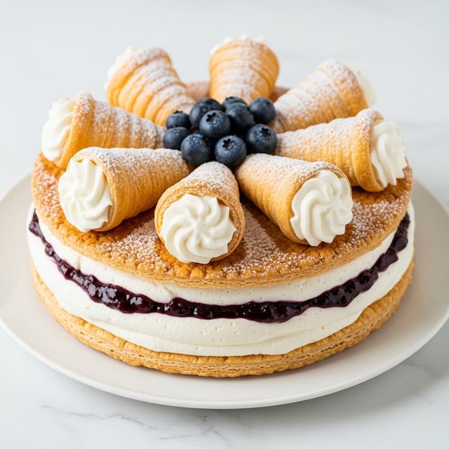 A round cake with three clear layers sits on a white plate, placed on a white marbled surface. The bottom layer is a light brown cake base, followed by a dark purple berry jam layer, and then a thick white cream layer. On top, there are pointed, flaky golden-brown pastry pieces arranged in a star shape, with a few fresh blueberries in the center. The cream slightly peeks out between the pastry points, and there is a light dusting of powdered sugar over the top. Photo taken with an iphone --ar 4:5 --v 7