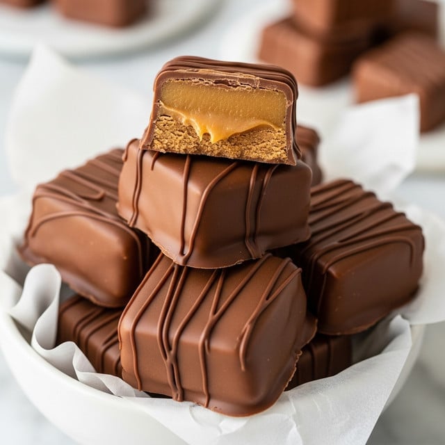 A close-up view of several square-shaped chocolates stacked in a white bowl lined with white paper, each piece covered in smooth, glossy milk chocolate with thin, darker chocolate drizzle lines on top. One chocolate is cut in half and placed on top, showing a thick, soft, light caramel-colored filling inside, surrounded by a thin layer of chocolate coating. The bowl sits on a white marbled surface, and the background is softly blurred with more chocolates out of focus. photo taken with an iphone --ar 4:5 --v 7