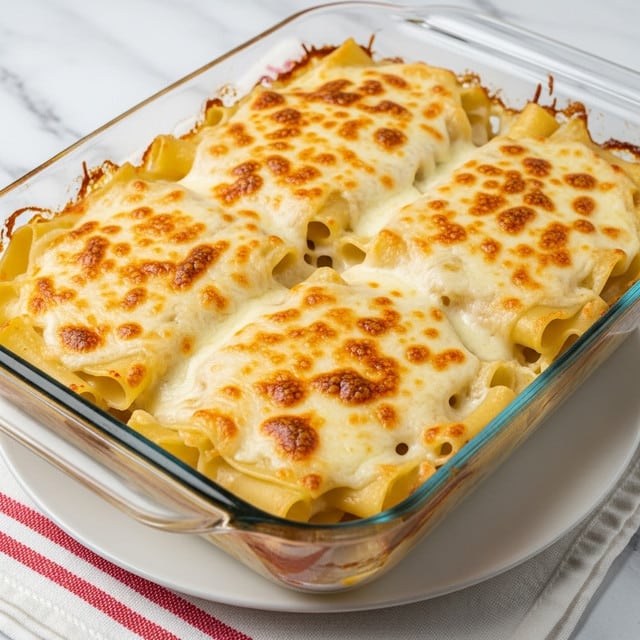 A glass baking dish filled with baked pasta, showing about two layers of wide pasta noodles covered evenly with creamy white cheese sauce with golden brown, crispy spots on top where the cheese has melted and browned. The edges of the baking dish have some baked-on sauce, and the dish sits on a white plate with a red-striped white cloth underneath on a white marbled texture. Photo taken with an iphone --ar 4:5 --v 7