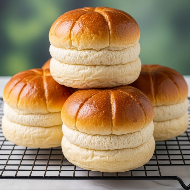 The image shows a close-up of four thick, round bread rolls stacked in two layers on a black wire rack. Each roll has a shiny, golden brown top layer with slight wrinkling and a soft, pale cream bottom layer with a fluffy texture. The rolls look light and airy with a smooth surface on the sides and bottom. The background is blurred with green hues, and the rack sits on a white marbled surface. photo taken with an iphone --ar 4:5 --v 7
