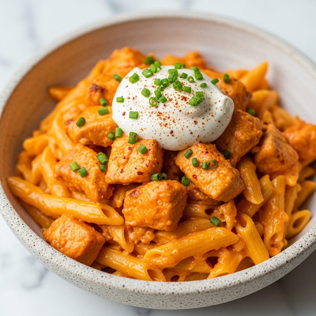 A close-up view of a round bowl with a rough beige rim filled with creamy orange buffalo chicken pasta. The dish has three main layers: the bottom layer is creamy pasta coated in an orange buffalo sauce, the middle layer includes chunks of cooked chicken mixed well with the pasta, and the top layer is a dollop of white creamy sauce sprinkled with green chopped chives and a light dusting of red chili flakes. The bowl sits on a white marbled surface, giving the dish a fresh look. photo taken with an iphone --ar 4:5 --v 7