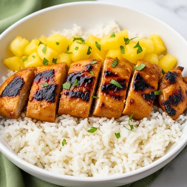 A close-up dish in a white bowl shows three main layers: the bottom layer is white rice with a soft and fluffy texture, spread evenly; the middle layer has grilled chicken pieces in a sticky, glossy, dark orange sauce with some char marks on the chicken, giving a slightly rough texture; the top layer features shiny, bright yellow pineapple chunks and small green chopped herbs sprinkled evenly, adding fresh contrast. The bowl sits on a green cloth on a white marbled surface. photo taken with an iphone --ar 4:5 --v 7
