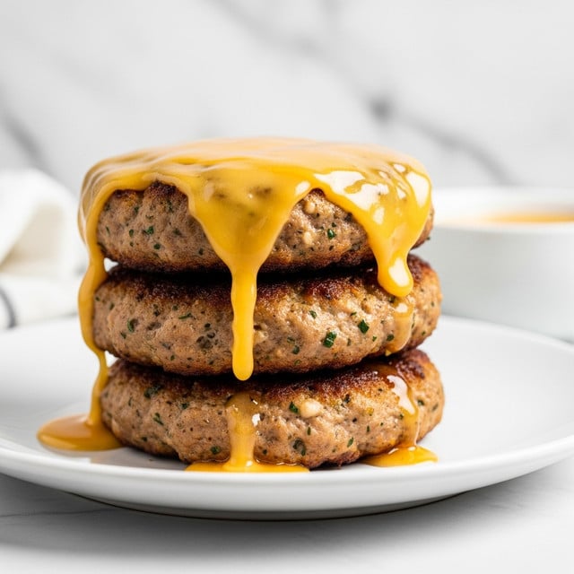 A stack of three thick, round patties with a golden-brown crust sits at the center of a white plate. Each patty has a slightly crispy, browned outside with visible flecks of seasoning, and the top patty is covered with melted yellow cheese that drips down the sides, mixing with a shiny amber sauce pooling around the base. The background shows a blurred white marbled textured surface and a white bowl filled with a light yellow sauce. photo taken with an iphone --ar 4:5 --v 7