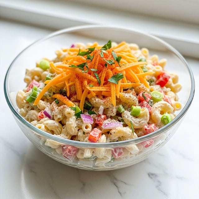 A clear glass bowl filled with creamy macaroni salad made of elbow-shaped pasta mixed with small pieces of red bell pepper, green onion, and purple onion. The salad is coated in a thick white sauce. On top, there is a generous layer of shredded orange cheddar cheese sprinkled with chopped green herbs and a light dusting of red chili powder. The bowl is placed on a white marbled surface near a bright window. photo taken with an iphone --ar 4:5 --v 7