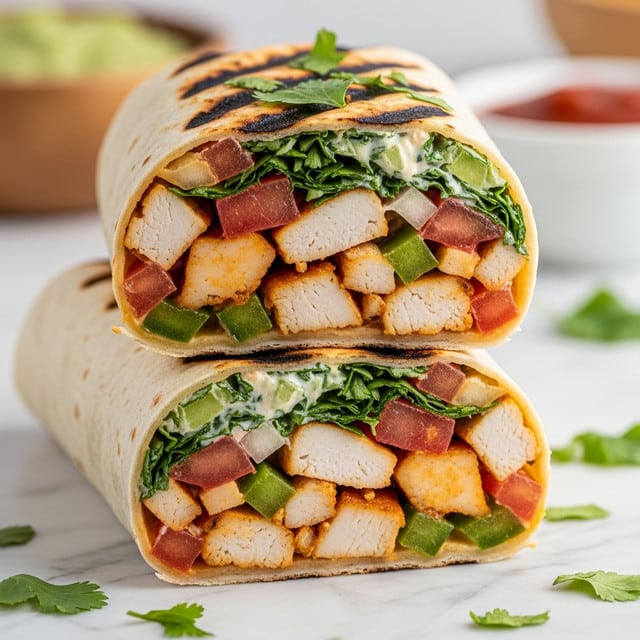 A grilled chicken wrap cut in half and stacked, showing two layers—the top layer has a toasted tortilla with dark grill marks and chopped green herbs on top, while inside are colorful pieces of cooked chicken, diced red tomatoes, green peppers, and creamy sauce mixed with fresh green cilantro leaves. The bottom layer is a soft white tortilla wrapped tightly around the same ingredients, with small bits of herbs scattered around on a white marbled surface. In the blurred background, there are bowls with green and red sauces. photo taken with an iphone --ar 4:5 --v 7