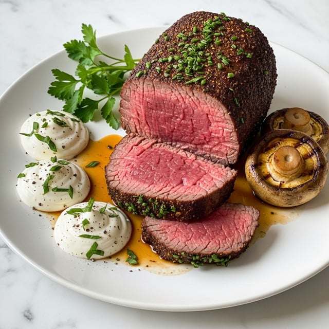 The image shows a thick cut of cooked beef roast, sliced to reveal a pink center and a browned, spiced outer crust with green herb sprinkles. The meat sits on a white plate with a little brown juice or sauce pooling underneath. Around the beef are three dollops of white cream with black pepper and small green herb pieces on top. There is a grilled mushroom with a golden brown surface next to the beef. Some fresh green herb sprigs lie on the plate near the beef, adding contrast. The plate rests on a white marbled texture. photo taken with an iphone --ar 4:5 --v 7
