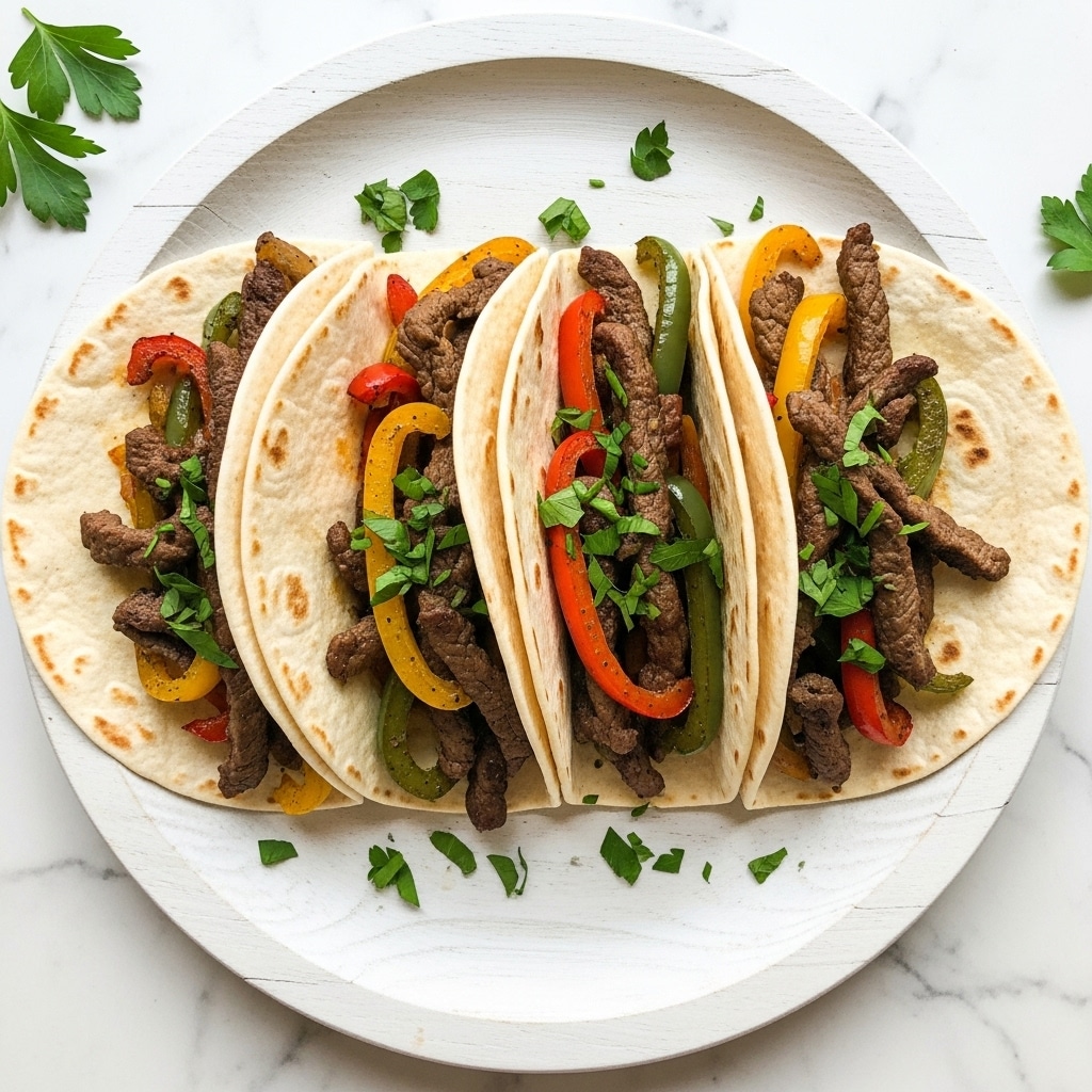 A close-up view of a black cast iron skillet filled with cooked pieces of brown beef mixed with slices of yellow, red, and green bell peppers and translucent cooked onions, all topped with small bits of bright green chopped herbs. The colors are warm and vibrant with the peppers providing pops of red and yellow among the tender meat and soft vegetables. The skillet sits on a white marbled surface with a blurred background, giving a fresh and homey feel. photo taken with an iphone --ar 4:5 --v 7