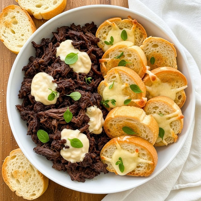 A white bowl filled with two main sections: one side has dark brown shredded beef mixed with some melted light beige cheese and small green herb leaves on top, while the other side contains several slices of toasted light golden brown bread with melted cheese and herb sprigs scattered over them. The bowl sits on a wooden surface with some bread slices around it and a white cloth nearby. Photo taken with an iphone --ar 4:5 --v 7