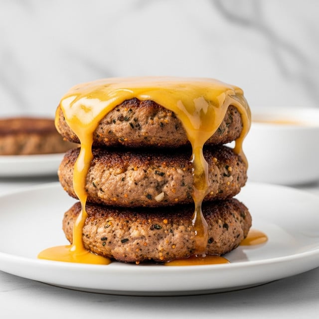 A stack of three thick, round patties with a crispy golden-brown crust is shown on a white plate. Each patty has a soft, slightly chunky texture with some darker bits inside. The top patty is melting with bright yellow cheese that slowly drips down the sides, creating a rich, glossy layer that contrasts with the browned surface. The plate sits on a white marbled surface, and the close-up view highlights the warm, inviting look of the cheesy, cooked patties. photo taken with an iphone --ar 4:5 --v 7