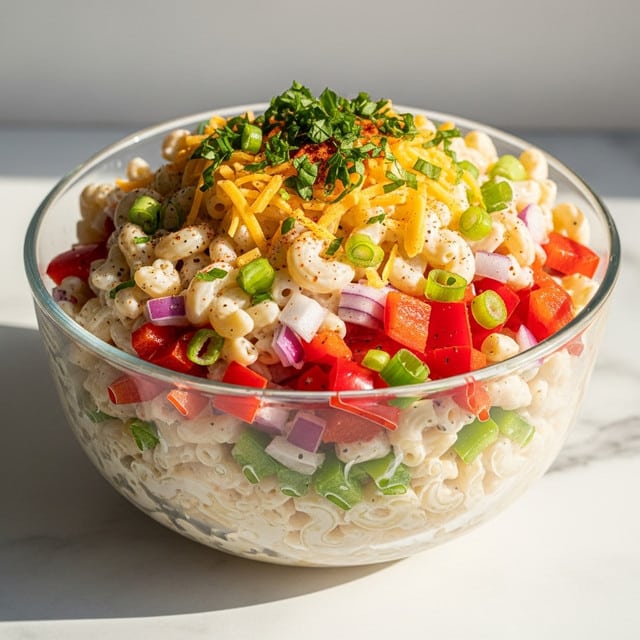 A clear glass bowl filled with creamy macaroni salad, showing three visible layers: the bottom layer consists of elbow macaroni coated in a white creamy dressing mixed with small diced green bell peppers and red onions; the middle layer adds chunks of red bell pepper and green onions; the top layer is sprinkled with shredded yellow cheddar cheese, chopped fresh green herbs, and a light dusting of red chili powder. The bowl is placed on a white marbled surface with soft natural light coming from the right side. Photo taken with an iphone --ar 4:5 --v 7
