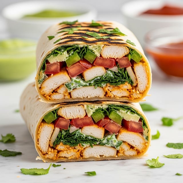 The image shows two grilled chicken wraps stacked on top of each other on a white marbled surface. Each wrap has a lightly charred, golden-brown tortilla wrapping several layers inside. The filling includes chunks of grilled chicken with a slightly dark, crisp outside, diced red tomatoes, small purple onion pieces, and chopped green herbs. A creamy sauce with a pale yellow color and specks of seasoning covers the filling, oozing slightly from the wraps. The texture looks soft and juicy, with bright colors from the fresh ingredients. photo taken with an iphone --ar 4:5 --v 7