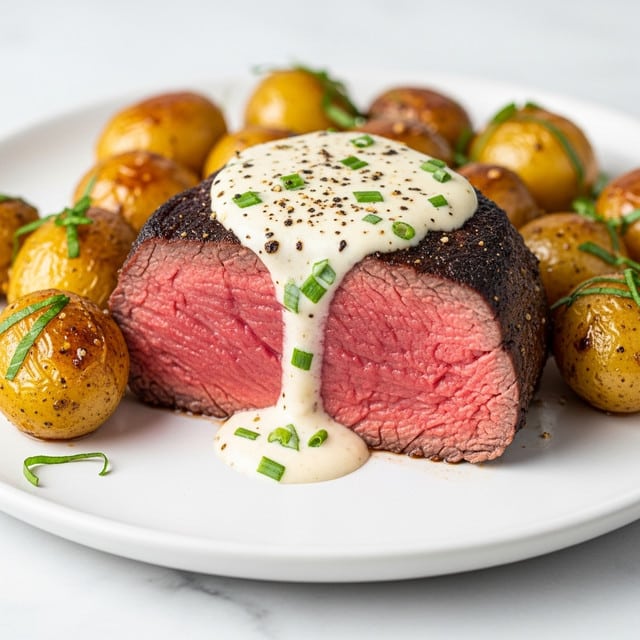 A thick slice of medium-rare steak is placed on a white plate, showing a pink, juicy inside layer covered by a dark brown, seared outer layer. On top, there is a creamy white sauce sprinkled with green herbs and black pepper, slightly dripping down the sides. Around the steak, golden brown, roasted baby potatoes with a shiny glaze and some green herb sprigs are arranged. The plate sits on a white marbled surface. photo taken with an iphone --ar 4:5 --v 7