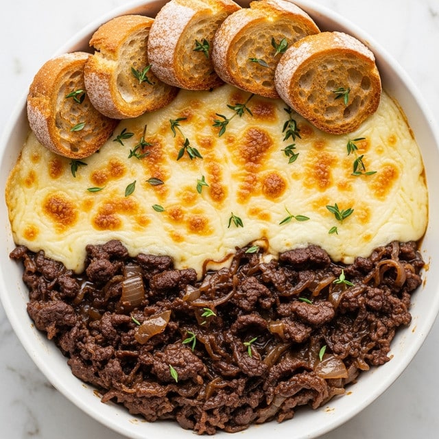 The image shows a bowl filled with three main layers: the bottom layer is a rich, dark brown caramelized onion and beef mixture with shreddy textures; on top of this is a thick, creamy layer of melted cheese that looks soft and gooey with some browned spots; resting lightly on the cheese layer are several small toasted slices of bread that are golden and crisp with a rough texture, along with fresh green thyme sprigs scattered for color. The dish sits on a white marbled surface. photo taken with an iphone --ar 4:5 --v 7