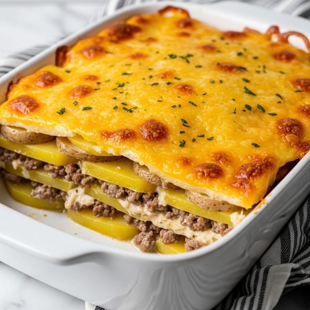 A white baking dish holds a layered casserole with a golden, bubbly top layer of melted cheese, browned in spots with small green herb sprinkles. The top layer is thin, slightly crisp, and yellow-orange. Below it are alternating layers of tender, pale yellow potato slices and browned minced meat mixed with creamy sauce. The layers are distinct and stacked evenly, showing a creamy and hearty texture. The dish is set on a white marbled surface with a striped cloth nearby. Photo taken with an iphone --ar 4:5 --v 7