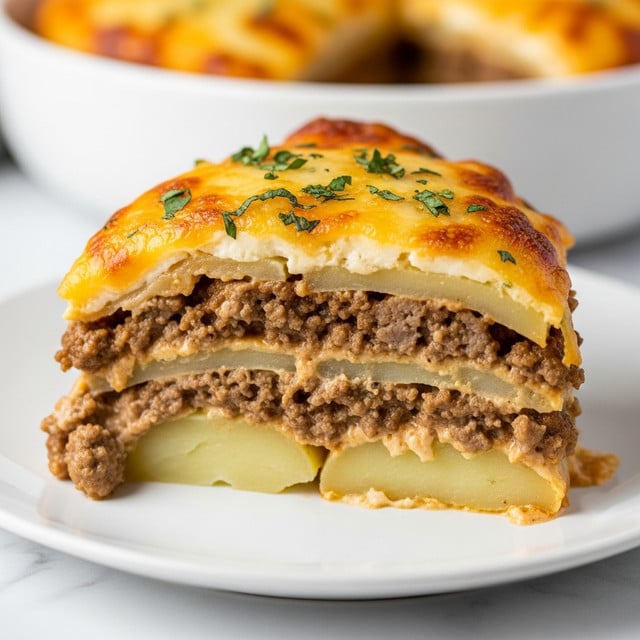 A close-up slice of a layered dish on a white plate sitting on a white marbled surface shows at least four distinct layers: the bottom and third layers consist of soft, creamy white potato slices, the second and fourth layers contain browned ground meat with a slightly chunky texture mixed with a creamy sauce, and the top layer is golden-brown melted cheese with some crispy, darker spots and small green herb sprigs sprinkled on top. The edges of the dish have some sauce leaking out slightly, and in the blurred background, the rest of the dish in a white bowl is visible. Photo taken with an iphone --ar 4:5 --v 7