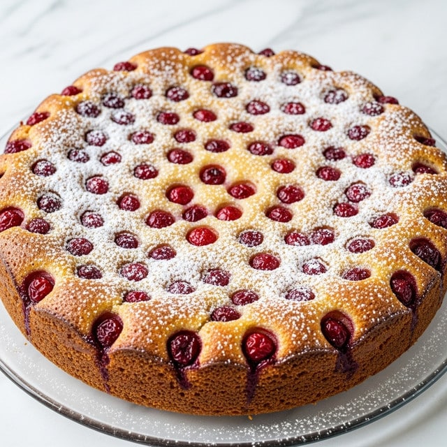 A round cake with a golden brown crust on the sides, topped with many bright red cherries embedded in the soft, light yellow cake layer. The cherries are scattered all over the surface, some slightly sunken, some raised. A light dusting of white powdered sugar covers the top of the cake, adding a fine, snowy texture. The cake sits on a clear glass plate, placed on a white marbled surface with soft cloth visible in the background. Photo taken with an iphone --ar 4:5 --v 7