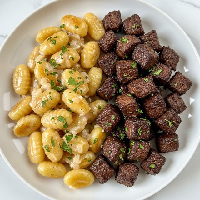 The image shows a close-up of a dish in a white bowl filled with two main layers. The bottom layer is creamy macaroni and cheese, made with shell pasta covered in a smooth, golden yellow cheese sauce with specks of black pepper. On top, there is a generous layer of browned beef chunks that look juicy and tender, each piece garnished with small bits of fresh green parsley. The glossy texture of the meat contrasts nicely with the creamy pasta beneath it. The dish rests on a white marbled surface. Photo taken with an iphone --ar 4:5 --v 7
