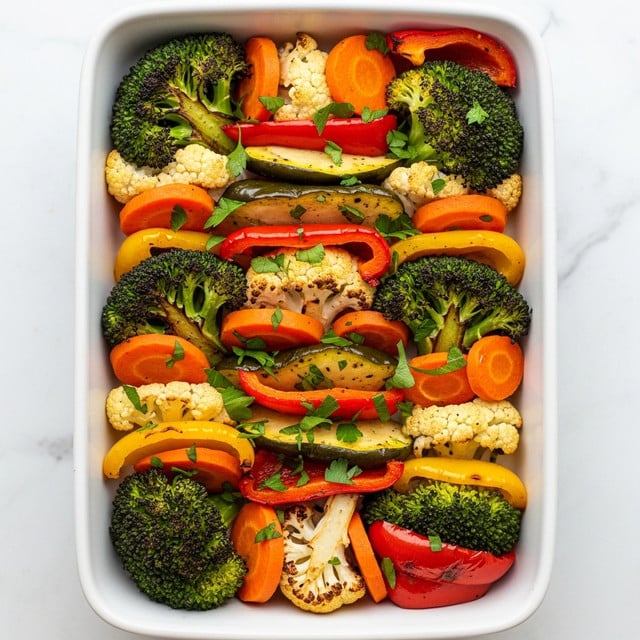 A white rectangular dish filled with roasted vegetables arranged in layers, starting with bright orange carrot slices scattered throughout, followed by green broccoli florets with slight char marks, and large white cauliflower pieces with golden brown edges. Mixed among these are vibrant red and yellow bell pepper chunks with a shiny roasted glaze. The vegetables are sprinkled with small bits of chopped green herbs, adding freshness to the colorful mix, all placed on a white marbled textured surface. Photo taken with an iphone --ar 4:5 --v 7