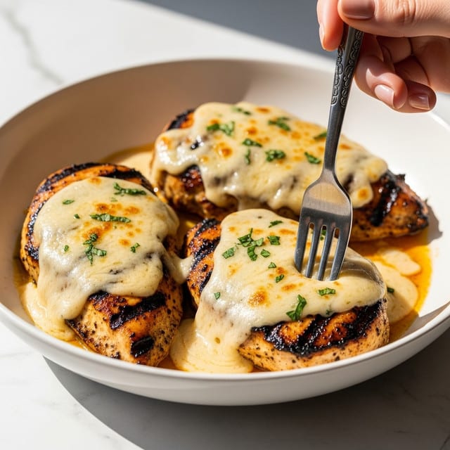A close-up view of three thick grilled chicken breasts arranged in a shallow white bowl, each covered with a creamy, light beige cheese sauce that has a slightly melted, bubbly texture, garnished with small pieces of green herbs scattered on top. The chicken has dark grilled marks and a juicy, browned surface partly visible under the sauce. The bowl sits on a white marbled surface, with soft natural light coming from the background, highlighting the shiny sauce and the tender texture of the chicken. A silver fork held by a woman's hand is about to pick up one piece, adding a casual, inviting feeling to the scene. Photo taken with an iphone --ar 4:5 --v 7