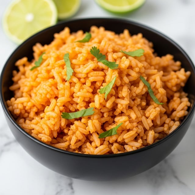 A bowl filled with orange-colored Mexican rice, each grain separate and fluffy, coated lightly with tomato sauce giving the rice a warm hue and slightly glossy texture, sprinkled with small pieces of fresh green cilantro leaves scattered on top, the bowl is black and placed on a white marbled surface with blurred slices of lime visible in the background, photo taken with an iphone --ar 4:5 --v 7