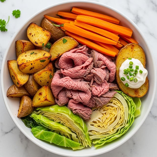 A close-up view of a plate filled with thick slices of cooked corned beef showing a pink inside and a browned, slightly crusty outside, arranged in the center. To the upper right, there are golden-brown roasted potato wedges with a crispy texture. At the bottom left, bright orange cooked carrot pieces are visible. Surrounding the main ingredients are light green cooked cabbage leaves with a soft texture. All items are set on a white plate placed on a white marbled surface. Photo taken with an iphone --ar 4:5 --v 7