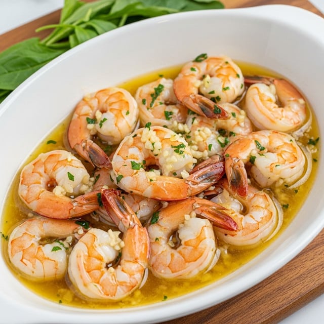 A close-up view of a white oval dish filled with cooked shrimp in a yellow buttery sauce. The shrimp are arranged in one visible layer, showing their orange-pink color with white highlights. Small green parsley leaves are scattered evenly across the shrimp, adding contrast and freshness. The butter sauce pools around the shrimp, giving a shiny, slightly oily texture. The background and surface are a white marbled texture. photo taken with an iphone --ar 4:5 --v 7