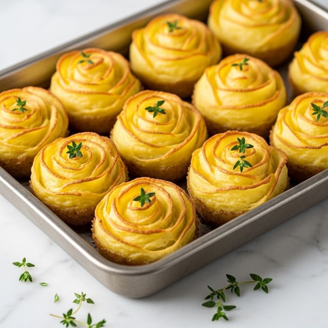 This image shows a metal baking tray filled with golden-brown mashed potato roses. Each rose has several creamy, soft yellow layers shaped into a spiral, with the outer edges slightly crispy and browned. Small green herb sprigs, likely thyme, are placed on top of some of the potato roses, adding color contrast and freshness. The tray sits on a white marbled surface with a few green herb sprigs scattered around the base. The overall look is warm and inviting, showcasing the neat, flower-like potato shapes. photo taken with an iphone --ar 4:5 --v 7