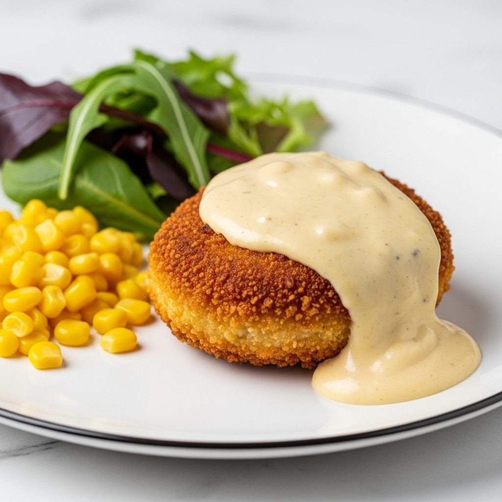 The image shows a round, golden-brown breaded patty with a crunchy texture, placed slightly off-center on a white plate with a thin dark rim. On top of the patty, a thick layer of creamy, light yellow sauce flows down the sides, giving a glossy finish. To the left side of the plate, there is a small portion of bright yellow corn kernels and fresh green leafy salad with varying shades of green and slightly red edges. The background is a white marbled surface, softly blurred to keep the focus on the food. Photo taken with an iphone --ar 4:5 --v 7