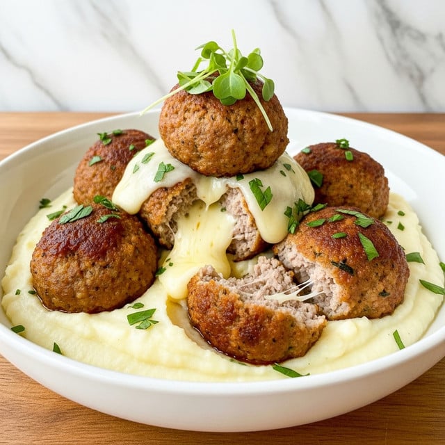 A white bowl holds a base layer of smooth, fluffy mashed potatoes with a creamy texture, topped by five large, golden-brown meatballs with a crispy surface and light charring. One meatball is cut open, revealing melted, gooey cheese oozing out and spreading over the mashed potatoes. The meatballs are sprinkled with finely chopped green herbs, and one meatball on top is garnished with fresh green sprigs. The bowl is set on a wooden table, but the background is changed to a white marbled texture. photo taken with an iphone --ar 4:5 --v 7
