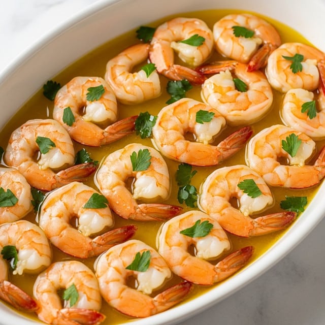 A white oval dish filled with cooked shrimp in a light yellow garlic butter sauce, garnished with chopped green herbs. The shrimp are pink and white with a slightly shiny, juicy texture, some curled and others slightly open. The sauce pools gently at the bottom of the dish, with visible bits of minced garlic and herbs scattered throughout. The dish sits on a wooden board with fresh green leafy herbs partially visible in the background. photo taken with an iphone --ar 4:5 --v 7
