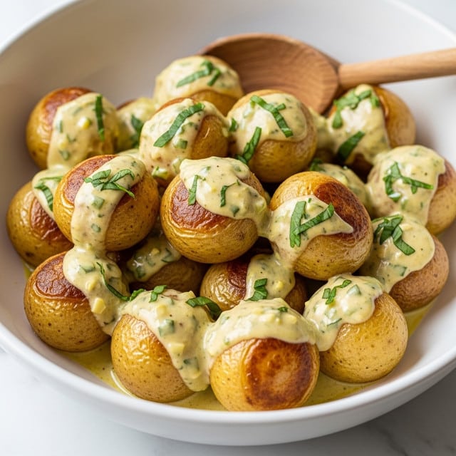 A close-up view of a large white bowl filled with about twelve small round golden potatoes, each with a slightly crispy, browned skin. The potatoes are covered unevenly in a creamy light yellow sauce that has green herb pieces mixed throughout, making the sauce look fresh and rich. Some fresh green herb sprigs are scattered on top as garnish. In the upper right, a wooden spoon is half visible, resting inside the bowl. The bowl is set on a white marbled surface. photo taken with an iphone --ar 4:5 --v 7