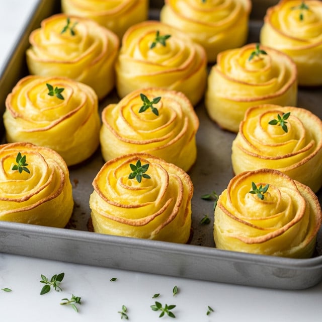 The image shows a baking tray filled with about a dozen round, swirled duchess potatoes, each with golden brown edges from baking. Each potato swirl has multiple creamy textured layers, piped in a tight spiral that rises about an inch above the tray surface. The tops are crispy and slightly caramelized, showing a gradient of pale yellow to golden brown. Small green sprigs of fresh thyme are placed atop several potatoes, adding a contrasting color and a fresh look. The tray rests on a white marbled surface. photo taken with an iphone --ar 4:5 --v 7