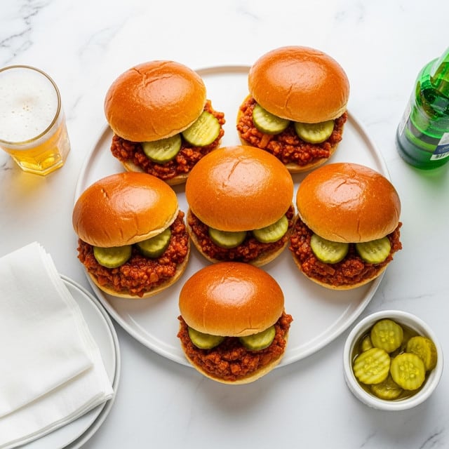 The image shows five sloppy joe sandwiches arranged on a white plate with a white marbled background. Each sandwich has a shiny, golden brown soft bun on top, with the bottom buns spread with a chunky reddish-brown meat sauce mixed with onions. On top of the sauce, bright green sliced pickles are placed, with most sandwiches having two or more slices visible. Near the bottom right, a small white bowl contains more sliced pickles in a light yellow brine. A half-full glass of beer with a foamy top is on the left side, and a green glass beer bottle is partially visible on the right. White napkins sit on a white plate near the bottom left corner. photo taken with an iphone --ar 4:5 --v 7