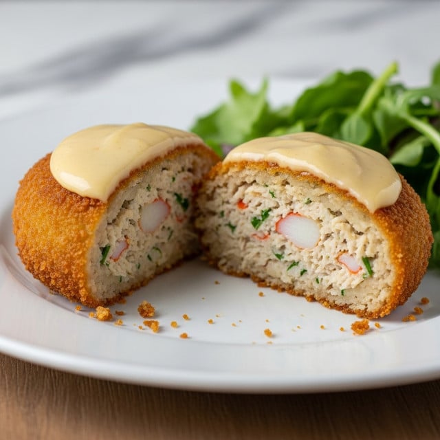 The image shows a round, breaded crab cake cut in half on a white plate with a few crumbs scattered around. The outside layer is golden brown and crispy. Inside, the crab cake has a creamy, white filling made of crab meat mixed with herbs and small green bits. On top, there is a smooth, shiny, thick layer of light yellow sauce covering most of the crab cake. In the background, there is some blurred green leafy salad on the side of the plate. The plate is set on a wooden table with a white marbled texture. Photo taken with an iphone --ar 4:5 --v 7