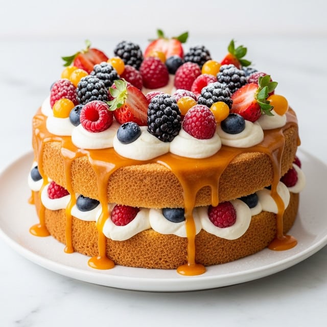 This is a two-layer round sponge cake on a white plate, set on a white marbled surface. The bottom layer is light golden brown and fluffy with a thick filling of white cream mixed with dark blueberries and small red berries. The top layer is golden brown and soft, covered with a thick cream layer that has a smooth texture and a light orange glaze dripping down the sides. On top, there are dollops of white whipped cream, whole red raspberries, dark blueberries, bright red strawberries, and small orange fruit pieces, all lightly dusted with powdered sugar. The glaze drips down the side of the cake in thick amber streams, adding a glossy finish. photo taken with an iphone --ar 4:5 --v 7