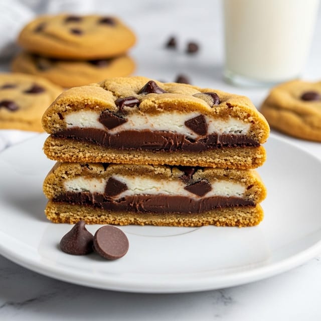 A thick chocolate chip cookie is cut in half and placed on a white plate, showing three layers inside: a soft golden brown cookie layer on the outside, a rich shiny dark chocolate layer in the middle, and a creamy white filling with a few chocolate chips inside the cream. The top half of the cookie rests on the bottom half revealing the layers clearly. Two smooth dark chocolate chips sit in front on the plate. In the background, more whole cookies with chocolate chips and a blurry glass of milk can be seen on a white marbled surface. photo taken with an iphone --ar 4:5 --v 7