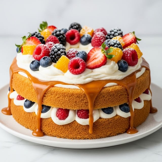 A two-layer round sponge cake with a light golden brown texture sits on a white plate, placed on a white marbled surface. The bottom layer is filled with thick white cream mixed with whole blueberries and small bits of red berries, showing through the cake sides. The top layer has a smooth white cream spread evenly, topped with golden caramel sauce that drips down the sides in thick glazes. On top of the caramel are dollops of white whipped cream, surrounded by fresh raspberries, strawberries, blueberries, and small chunks of orange fruit, all dusted lightly with powdered sugar for a soft finish. Photo taken with an iphone --ar 4:5 --v 7