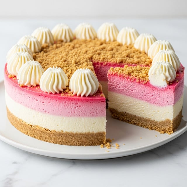 The image shows a round, layered cheesecake on a white plate, placed on a white marbled surface. The bottom layer is a light brown crumbly crust. Above it, there are two distinct creamy layers: the lower one is a smooth, white cheesecake layer, while the upper layer is a light pink, giving a gentle ombre effect. The top of the cheesecake is covered with a mix of pink and light brown crumb topping that spreads evenly. Around the edge, there are evenly spaced swirls of white whipped cream adding a decorative touch. A slice has been removed, revealing the clean layer separation inside. Photo taken with an iphone --ar 4:5 --v 7