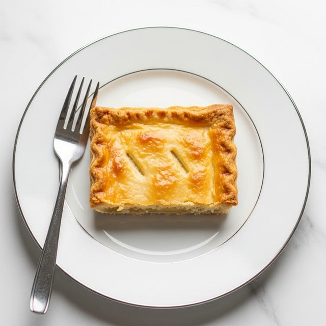 A square-shaped dessert with three visible layers sits on a white plate, placed on a white marbled surface. The top layer is a golden-brown crust with a slightly wrinkled texture. Below it, the middle layer is thick and creamy yellow, smooth in texture. The bottom layer appears similar to the middle layer in color and texture, completing the dessert’s block shape. photo taken with an iphone --ar 4:5 --v 7