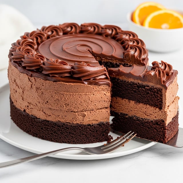 A round chocolate cake with two visible layers sits on a white plate on a white marbled surface. The bottom layer is a dark brown, soft-looking chocolate cake base, and the top layer is a thick, smooth, dark chocolate mousse or cream filling. The cake is covered in a thick layer of rich, glossy chocolate frosting with a swirling pattern on top. There is a slice missing from the cake, revealing the inside layers clearly. A silver fork lies partially under the cake near the cut section. In the blurred background, there is a white bowl with orange slices. photo taken with an iphone --ar 4:5 --v 7