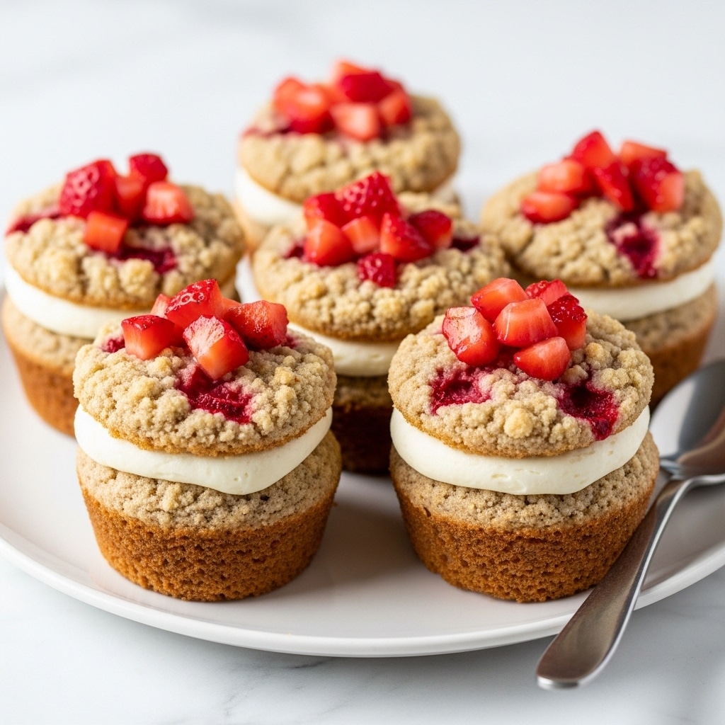 The image shows five muffins on a white plate placed on a white marbled surface. Each muffin has three layers: the bottom layer is a light brown muffin base, the middle layer is a creamy white frosting, and the top layer is crumbly and golden with pieces of bright red strawberries arranged on top in small clusters. The muffins are arranged close together, and a metal spoon is partially visible on the right side of the plate. photo taken with an iphone --ar 4:5 --v 7