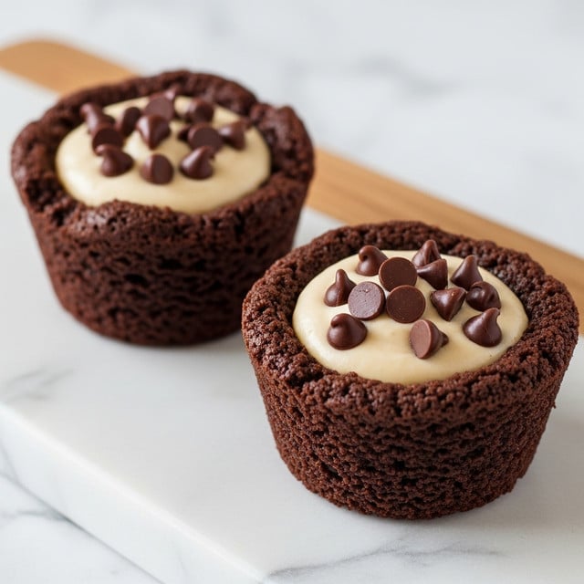 Two chocolate brownie cups sit on a wooden board with a white marbled texture below. Each cup is thick and dark brown, with a rough, crunchy outer edge. Inside, there is a smooth, light tan cream layer filling the center, topped with glossy, dark chocolate chips scattered on top. The cups have a deep cavity filled with the cream and chocolate chips, creating a rich contrast with the darker outer brownie. The photo taken with an iphone --ar 4:5 --v 7