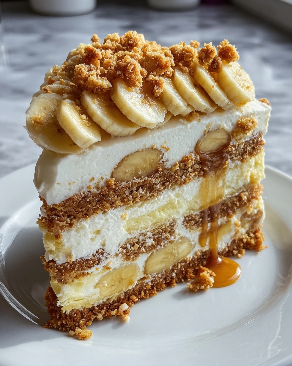 A slice of layered cake on a white plate with a white marbled background, showing three main layers of crumbly golden-brown cake separated by smooth creamy white and light yellow fillings. The top layer is thick white cream with banana slices and caramel-colored crunchy bits scattered on top, with some drizzle of light caramel sauce visible near the middle. The textures vary from crumbly to smooth and creamy, with the banana slices adding a soft, curved element on top. Photo taken with an iphone --ar 4:5 --v 7